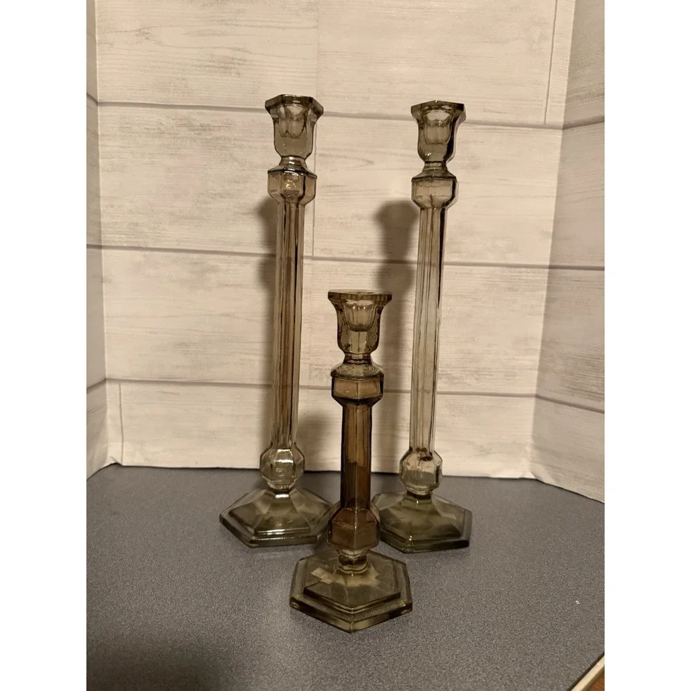 Vintage Pier 1 Imports Smoked Glass Candle Stick Holders Set of 3 15